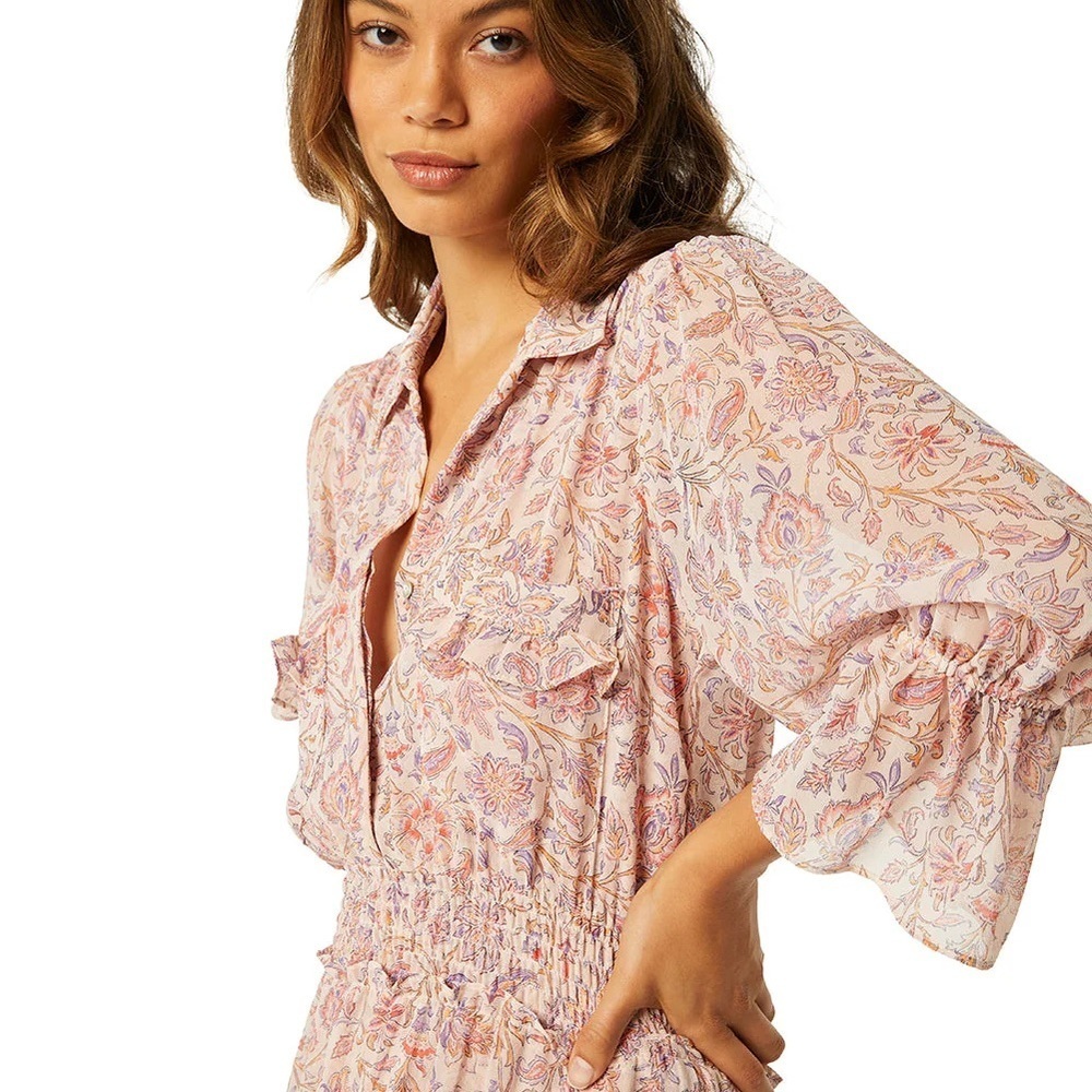MISA Los Angeles Blush Pink Floral Maxi Dress XS Tiered Puff Sleeve Boho Prairie - Picture 2 of 7